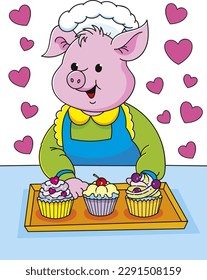 Coloring page outline of cartoon smiling cute pig with cakes. Colorful vector illustration, coloring book for kids.
