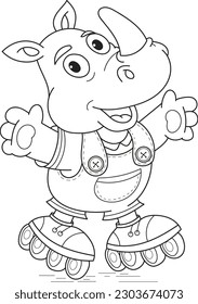 Coloring page outline of the cartoon smiling cute rhino on roller skates. Colorful vector illustration, summer coloring book for kids.	