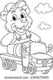 Coloring page outline of the cartoon smiling cute bear on a car. Colorful vector illustration, summer coloring book for kids.