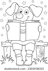 Coloring page outline of the cartoon smiling cute little dog with a book. Colorful vector illustration, summer coloring book for kids.