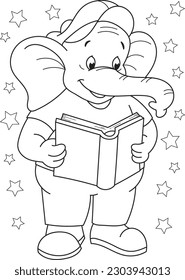 Coloring page outline of the cartoon smiling cute elephant with a book. Colorful vector illustration, summer coloring book for kids.