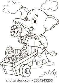 Coloring page outline of the cartoon smiling cute elephant with a flower and eggs. Colorful vector illustration, easter coloring book for kids.