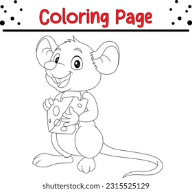 Coloring page outline of cartoon smiling cute mouse with cheese. animals coloring book for kids