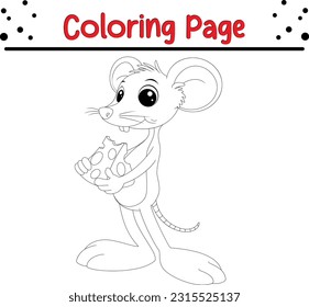 Coloring page outline of cartoon smiling cute mouse with cheese. animals coloring book for kids