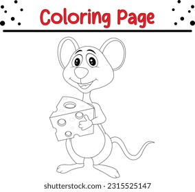 Coloring page outline of cartoon smiling cute mouse with cheese. animals coloring book for kids