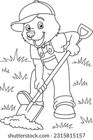 Coloring page outline of the cartoon smiling cute bear farmer. Colorful vector illustration, summer coloring book for kids.