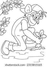 Coloring page outline of cartoon smiling cute monkey with the carrot. Colorful vector illustration, summer coloring book for kids.