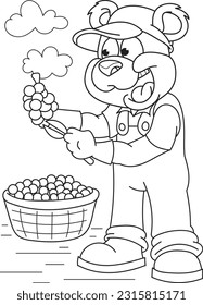 Coloring page outline of the cartoon smiling cute bear farmer with grapes. Colorful vector illustration, summer coloring book for kids.