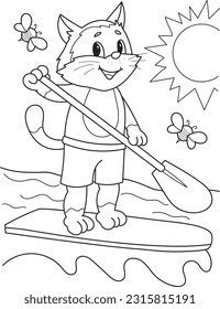 Coloring page outline of cartoon smiling cute cat on a paddle board. Colorful vector illustration, summer coloring book for kids.