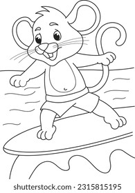 Esquema de página de color de caricatura sonriendo surfista lindo del ratón. Ilustración vectorial colorida, libro de coloración de verano para niños.