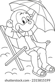 Coloring page outline of the cartoon smiling cute monkey on the sea beach. Colorful vector illustration, summer coloring book for kids.