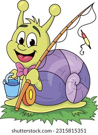 Coloring page outline of the cartoon smiling cute fisher snail. Colorful vector illustration, summer coloring book for kids.