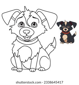 Coloring page outline of cartoon smiling cute little dog. Colorful vector illustration, coloring book for kids.