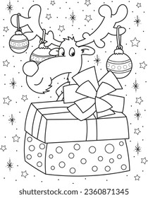 Esbozo de página de color de caricatura sonriendo ciervo adorable de navidad. Ilustración vectorial colorida, libro de colorear inviernos para niños.