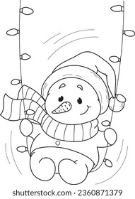 Coloring page outline of cartoon smiling cute christmas snowman. Colorful vector illustration, winters coloring book for kids.