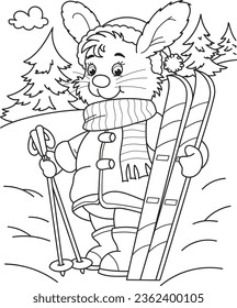 Coloring page outline of cartoon smiling cute little rabbit with skis. Colorful vector illustration, winters coloring book for kids.