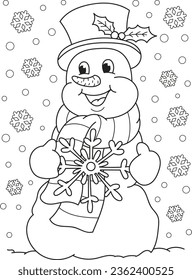 Coloring page outline of cartoon smiling cute christmas snowman. Colorful vector illustration, winters coloring book for kids.