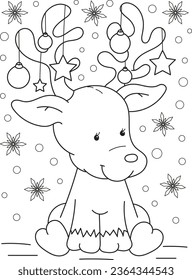 Coloring page outline of cartoon smiling cute christmas deer. Colorful vector illustration, winters coloring book for kids.