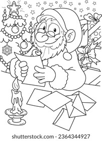 Coloring page outline of cartoon smiling cute Christmas Santa Claus. Colorful vector illustration, winters coloring book for kids.