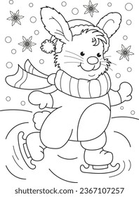 Coloring page outline of cartoon smiling cute rabbit ice-skating. Colorful vector illustration, winters coloring book for kids.