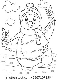 Coloring page outline of cartoon smiling cute christmas penguin. Colorful vector illustration, winters coloring book for kids.