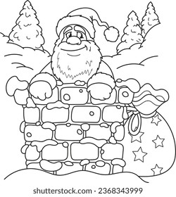 Esquema de la página de color de caricatura que sonríe a Papá Noel lindo con regalos de Navidad. Ilustración vectorial colorida, libro de colorear inviernos para niños.