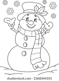 Coloring page outline of cartoon smiling cute christmas snowman. Colorful vector illustration, winters coloring book for kids.