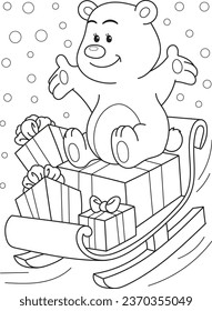 Coloring page outline of cartoon smiling cute bear sledding with christmas gifts. Colorful vector illustration, winters coloring book for kids.