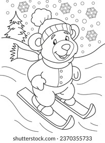 Esbozo de página de color de caricatura sonriente lindo oso esquí. Ilustración vectorial colorida, libro de colorear inviernos para niños.