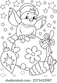 Coloring page outline of cartoon smiling cute little bird  with christmas toys. Colorful vector illustration, winters coloring book for kids.