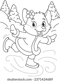 Coloring page outline of cartoon smiling cute fox ice-skating. Colorful vector illustration, winter coloring book for kids.