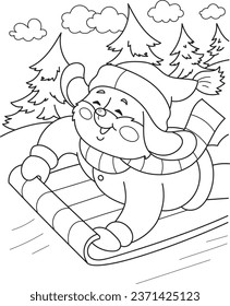 Coloring page outline of cartoon smiling cute dog sledding. Colorful vector illustration, winter coloring book for kids.