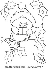 Coloring page outline of cartoon smiling cute little bird  with christmas gift. Colorful vector illustration, winter coloring book for kids.