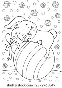 Coloring page outline of cartoon smiling cute little rabbit with the big christmas ball. Colorful vector illustration, winter coloring book for kids.