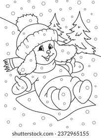 Coloring page outline of cartoon smiling cute dog sledding. Colorful vector illustration, winter coloring book for kids.