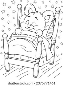 Coloring page outline of cartoon smiling cute bear in bed. Colorful vector illustration, summer coloring book for kids.