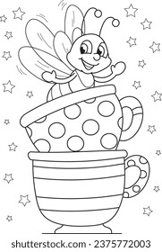 Coloring page outline of cartoon smiling cute little bee with cups. Colorful vector illustration, winters coloring book for kids.
