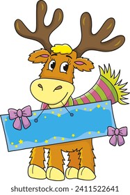 Coloring page outline of cartoon smiling cute christmas deer. Colorful vector illustration, winters coloring book for kids.