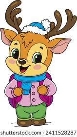 Coloring page outline of cartoon smiling cute christmas deer goes to school. Colorful vector illustration, winter coloring book for kids.