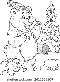 Esquema de la página de color de la caricatura sonriendo a un oso grande y lindo en el bosque. Ilustración vectorial colorida, libro de colorantes de invierno para niños.