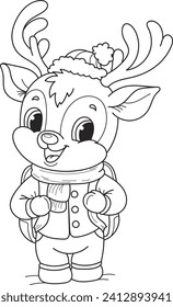 Coloring page outline of cartoon smiling cute christmas deer goes to school. Colorful vector illustration, winter coloring book for kids.