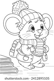 Coloring page outline of cartoon smiling cute mouse goes to school. Colorful vector illustration, winter coloring book for kids.