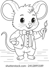 Coloring page outline of cartoon smiling cute mouse with brush. Colorful vector illustration, summer coloring book for kids.