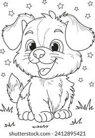 Esquema de la página de color de la caricatura sonriendo lindo perro pequeño. Ilustración vectorial colorida, libro de veranos para niños.