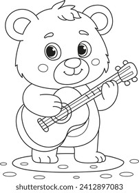 Coloring page outline of cartoon smiling cute bear plays guitar. Colorful vector illustration, summer coloring book for kids.