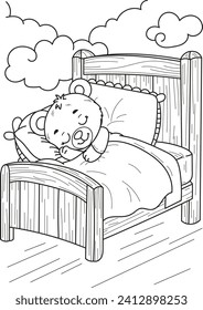 Coloring page outline of cartoon smiling cute bear in bed. Colorful vector illustration, summer coloring book for kids.