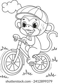 Coloring page outline of the cartoon smiling cute monkey with a bicycle. Colorful vector illustration, summer coloring book for kids.