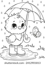 Coloring page outline of cartoon smiling cute little chick with umbrella and small butterfly. Colorful vector illustration, summer coloring book for kids.