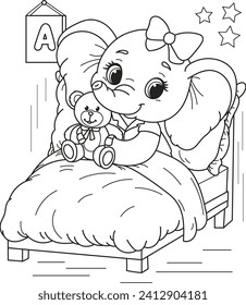 Coloring page outline of the cartoon smiling cute elephant with a small bear. Colorful vector illustration, summer coloring book for kids.