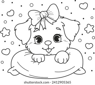 Coloring page outline of cartoon smiling cute little dog on pillow at night. Colorful vector illustration, summers coloring book for kids.